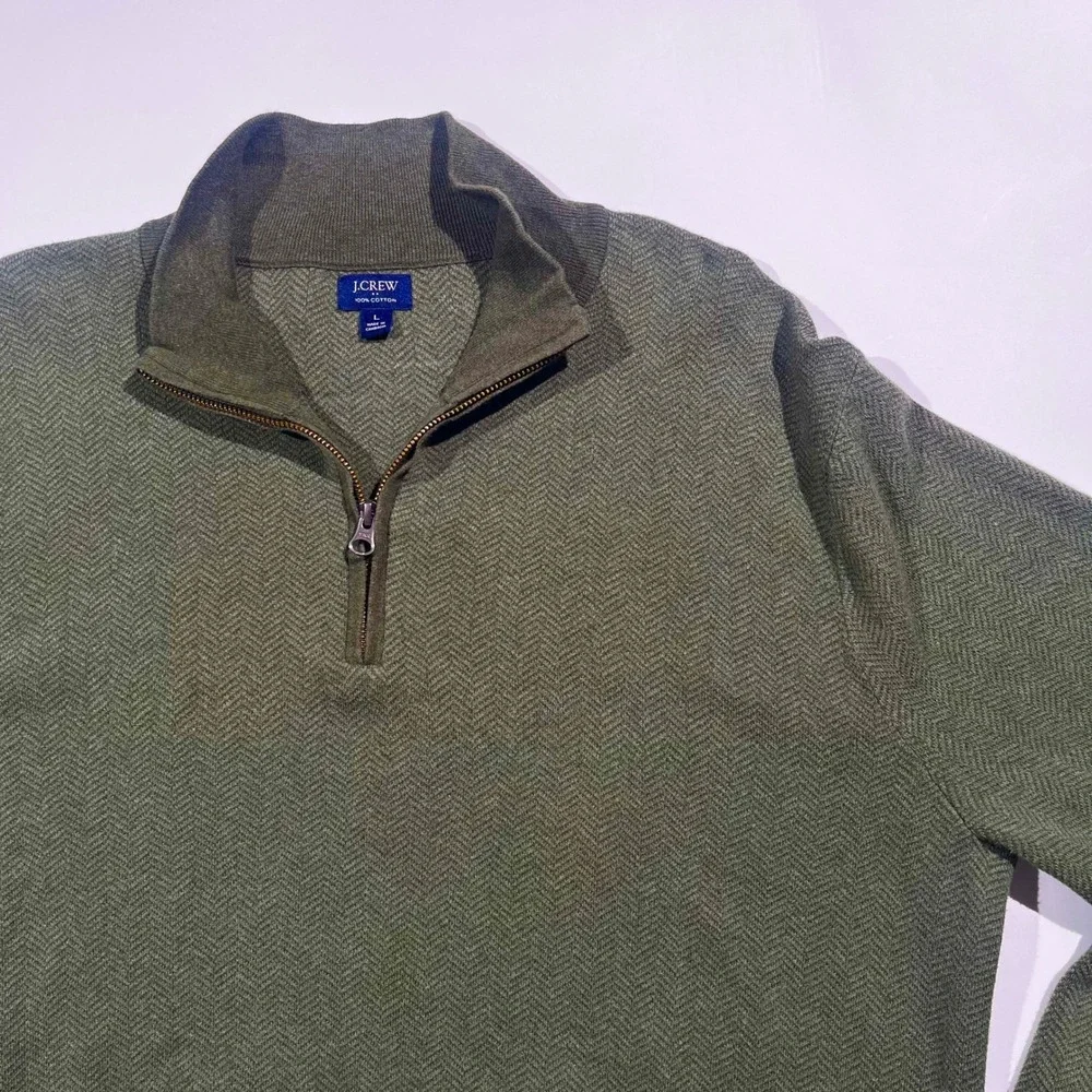 J.Crew Mens Large Green Herringbone 100% Cotton Quarter Zip Pullover Sweater